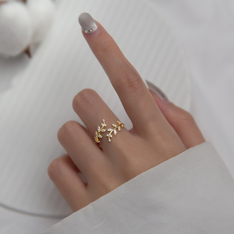 925 Sterling Silver Ring Sweet Romantic Zircon Open Branch Small Leaf Adjustable Ring for Women Korean Wedding Party Jewelry
