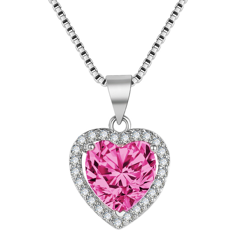

Simple and fashionable peach heart-shaped colorful treasure necklace Pink dark blue sea blue emerald amethyst zircon heart-shaped necklace