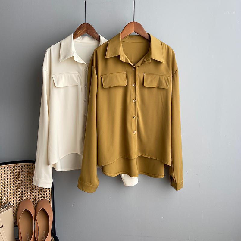 

Women's Blouses & Shirts 2022 Women Oversize Style Spring Turn Down Collar Fake Pocket Womens Tops And Black Shirt Blusas Roupa Feminina, Beige