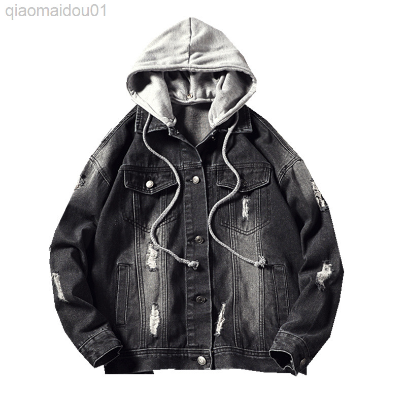 

Casual Jacket New Mens Denim Jacket Coat Loose Fit Men Hip Hop Ripped Jeans Jackets Hoodies Cowboy Plus Size 5XL hat Detachable L220726, Blue