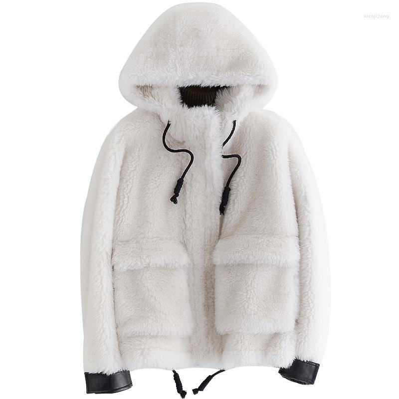 

Women's Wool & Blends 2022 Fashionable Sheep Shearing Overcoat Long A Sweater Bring Hat Loose Leather And Fur Coat, Creamy white