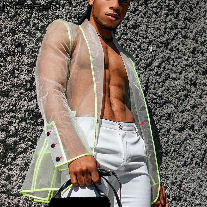 

Men's Casual Shirts Men Patchwork Mesh See Through Streetwear Camisas 2022 One Button Long Sleeve Fashion Party Thin Shirt INCERUN, White;black