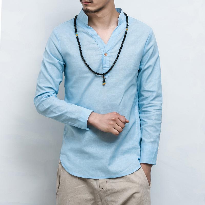 

Men's T-Shirts Spring And Summer V-neck Cotton Long-sleeved T-shirt Men's Large Size -5XL Linen Fashion Casual T-shirtMen's, Beige
