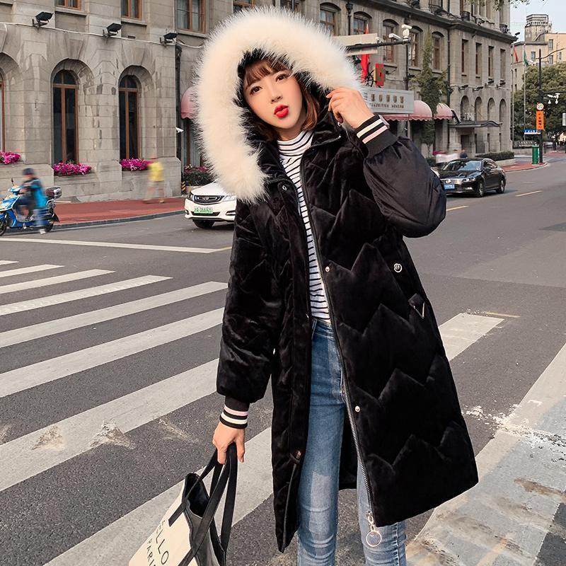 

Women's Down & Parkas Oversized Coats Thick Winter Jacket Women Hooded Fur Collar Cotton Coat Long Female Gold Velvet Coats1 Stra22, Black