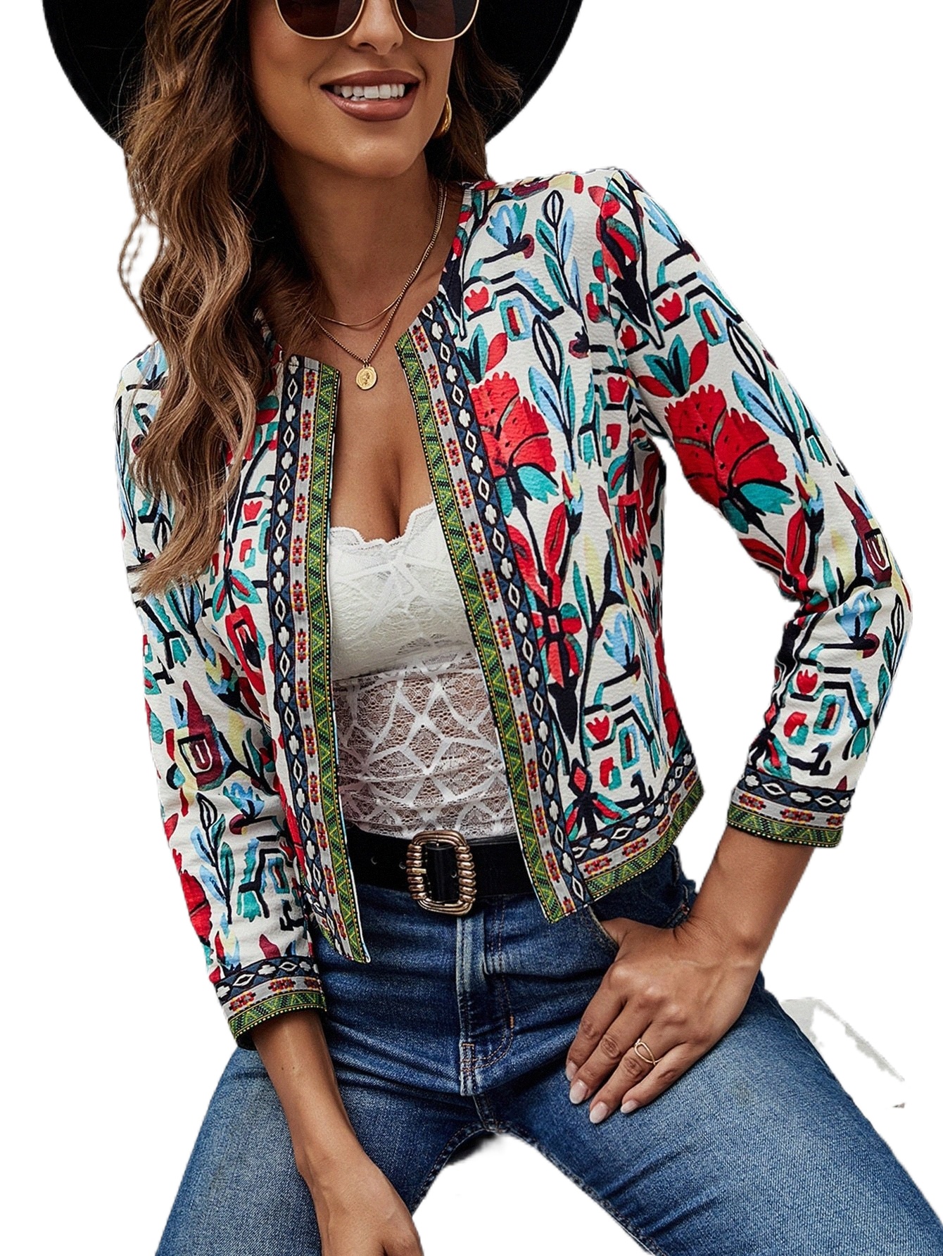 

floral Print Contrast Geo Embroidery Tape Jacket 02oG#, Multicolor