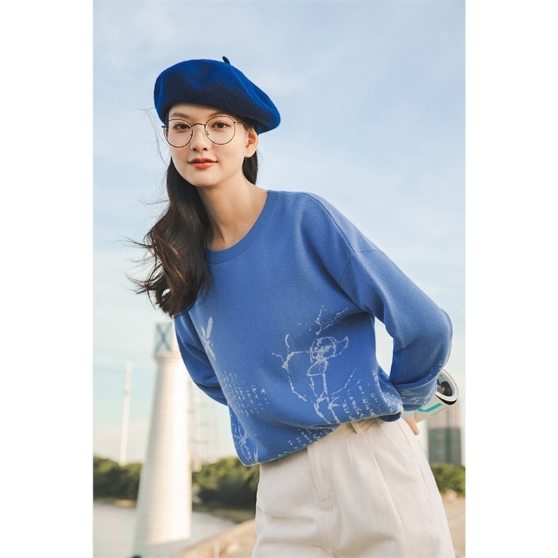 

INMAN Autumn Winter Arrival Chinese Style Contrast Color Jacquard Hand-painted Rib Long Sleeve Pullover Sweater 201203, Blue