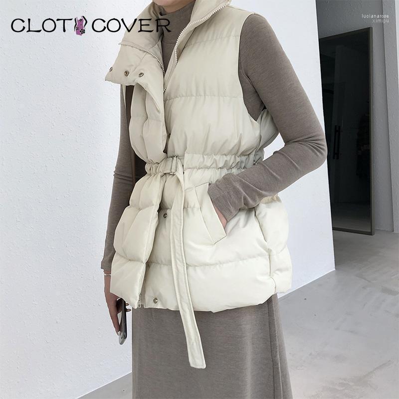 

Women Winter Vests With Sashes Short Solid Color Vest Cotton Padded Jackets Sleeveless Female Waistcoat Stand Collar Women's Luci22, White