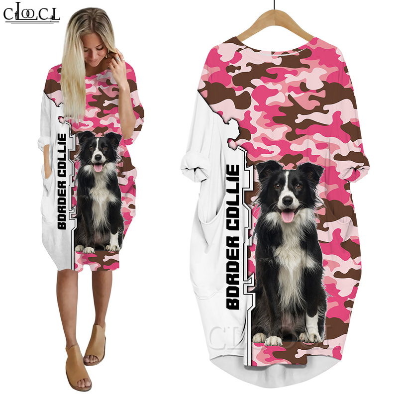 Femmes robe Animal Border Collie 3D robes de fille lâches à manches longues Style décontracté rue poche robe goutte 220616