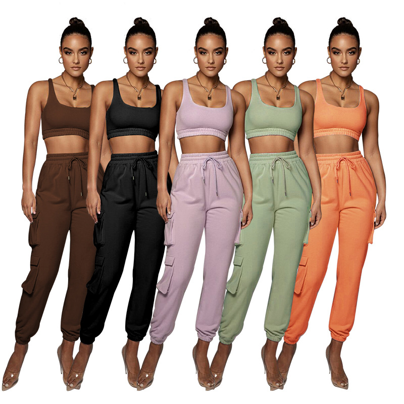 

Women Tracksuits Solid Color 2 Piece Yoga Set Hooded Crop Top High Waist Pants Sportswear 2 pcs Sport Suit Sweatshirt Pants, Brown