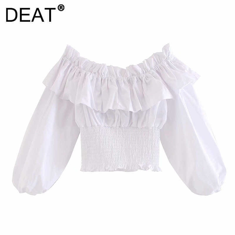 

DEAT Women Loose Sweet Slash Collar Satin Blouse White Solid Color Short Shirt Fashion Temperament Spring Summer MZ752 210709
