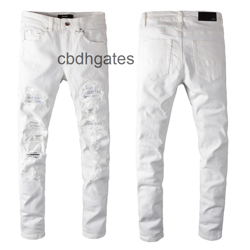 

Jeans Designer Mens Jean Amirs Fashion 625 White High Street Hole Studded Men's Patch Elastic Slim