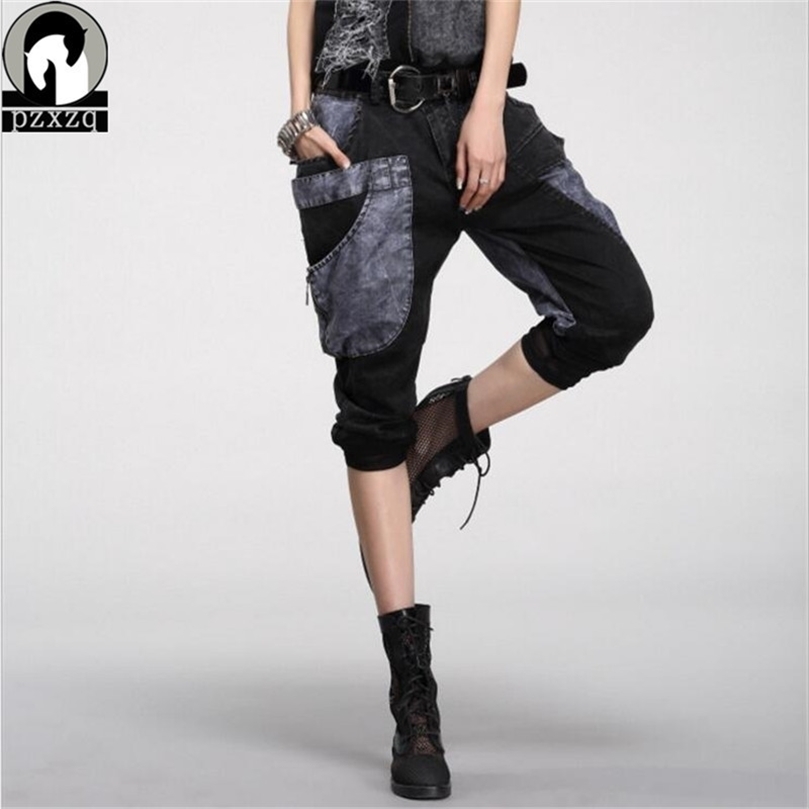 

Hip Hop Pants Women Station Personality Thin Cowboy Haren Pants Female Big Pocket Pants Capris Women Summer trousers 201228, Black