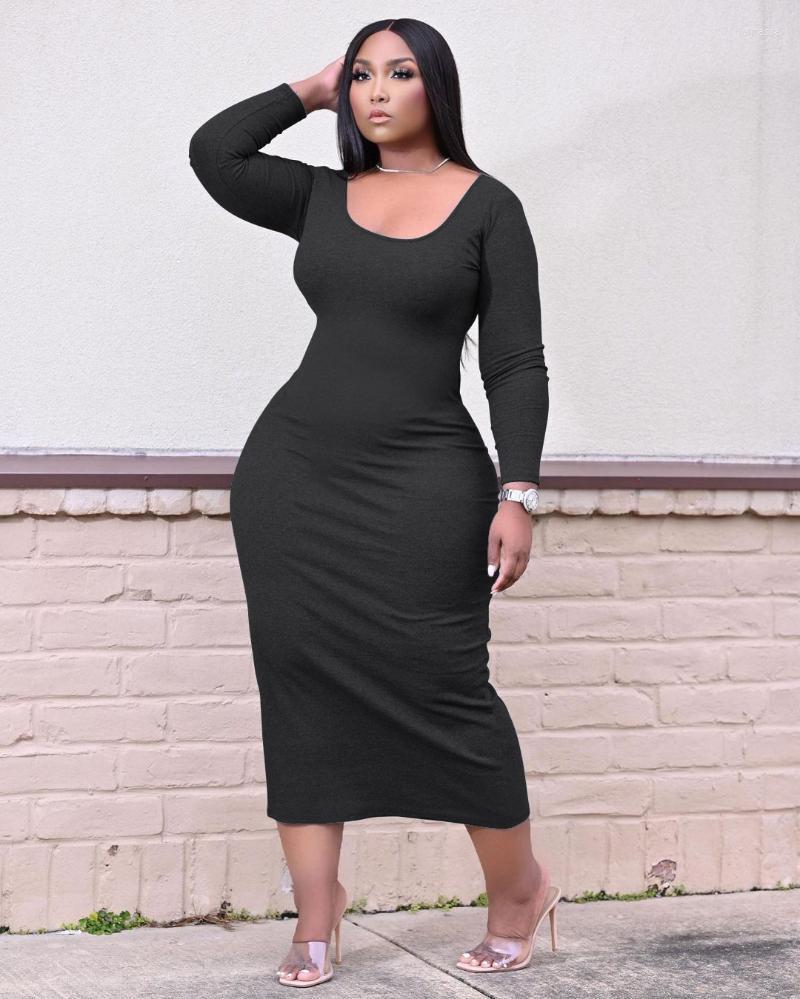 

Plus Size Dresses ChocoMisty-LadyPlus Plus-size U-neck Solid Color Long Sleeve Bodycon Maxi Dress MQ23585 Loli22, Black