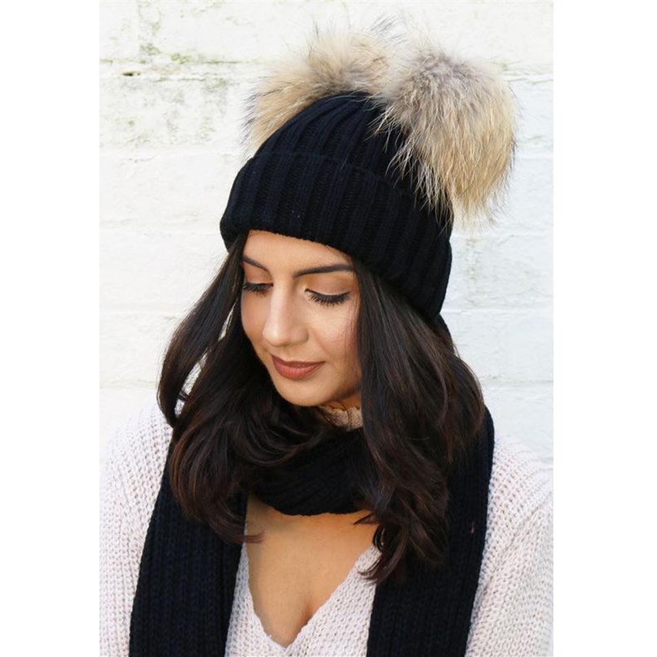 

winter knitted double fur beanies for women wool chunky hats faux fur pom pom hats girls bobble caps bonnet177Q, White