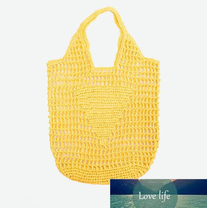 

New Summer Hollow Woven Shopping Bag Cotton String Net Pocket Vacation Handmade Straw Beach Bamboo Handle Women's Big Bags with Letters, Blue