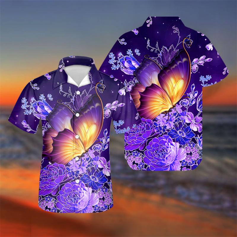 

Men's Casual Shirts Purple Butterfly Printing Shirt For Men Summer Turn Down Collar Beach Male Vacation Tops Camise Ropa De Hombre 7XLMen's
