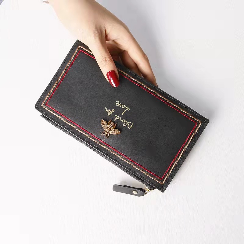

bee Genuine cow leather women designer wallets lady fashion casual clutchs female zipper zero card purses no11, Black