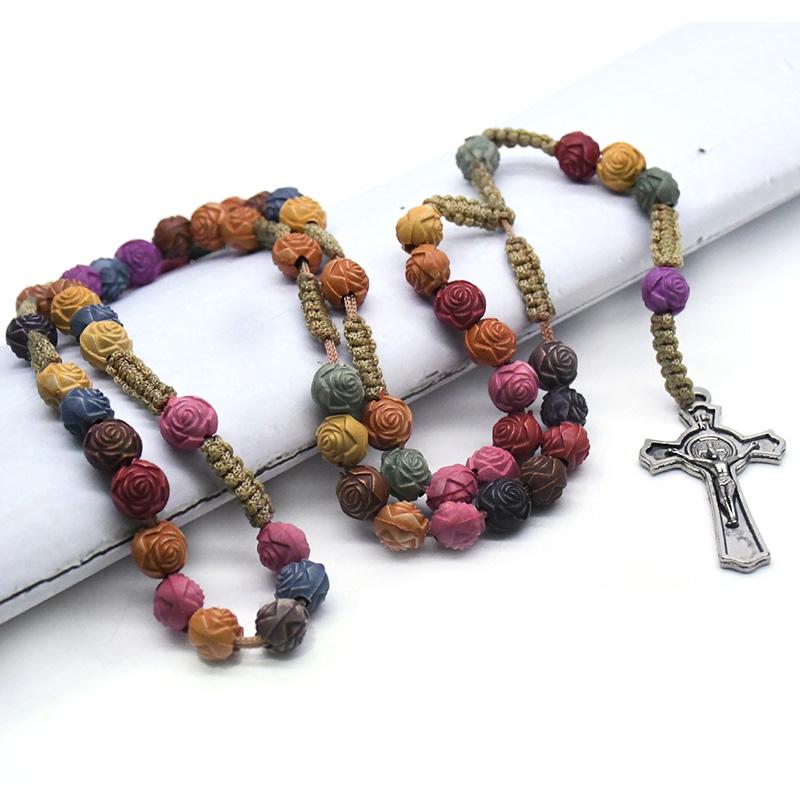 

Pendant Necklaces Religious Prayer Short Colorful Rose Beads Chain Catholic Cross Pendants Rosary Christ Jesus Church Jewelry