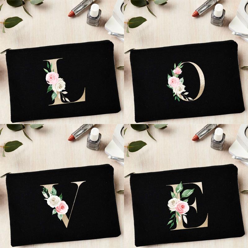 

Cosmetic Bags & Cases Fashion Pink Rose Alphabet Women Black Casual Makeup Tote Cute Lipstick Bag Travel Portable Reusable Canvas Purse, W05332-tbbk-d
