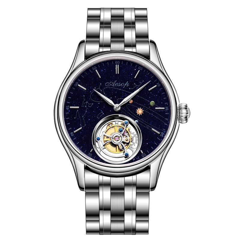 

Wristwatches Aesop Skeleton Manual Tourbillon Mechanical Mens Watch Sapphire Stainless Steel Rotating Blue Sandstone Luxury 7025