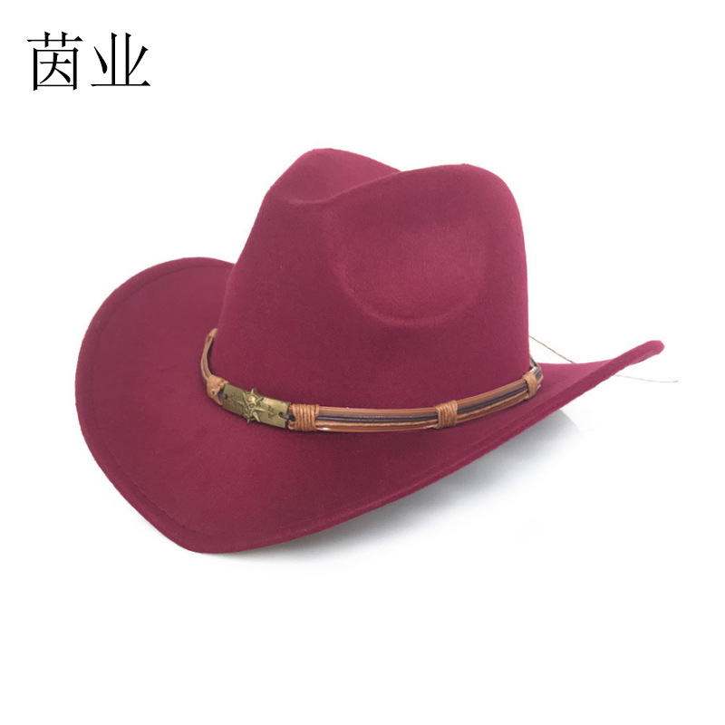 

Autumn and Winter Woolen Fedora Hat Metal Pirate Belt Cowboy Top Hat Roll Brim Top Hat Men and Women Western Cowboy, Red