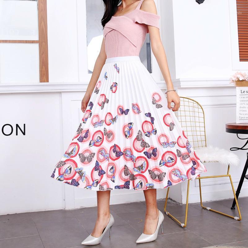 

Skirts 2022 Summer Womens Butterfly Catroon Print Empire High Waist Elastci Pleated Midi Skirt European Street Style, 1095 003