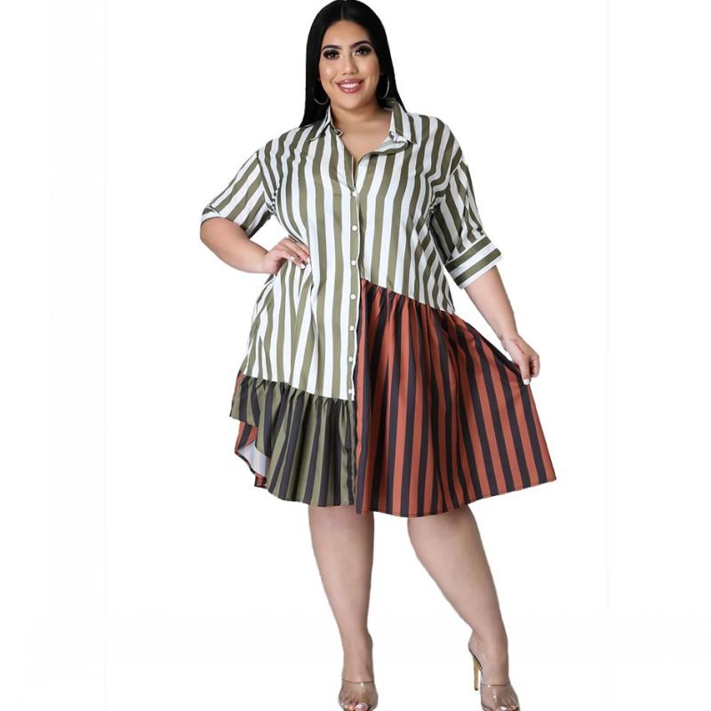 

Plus Size Dresses Stripe Women Shirt Dress 5XL Half Sleeve Single Breasted Fashion Ruffle Splice Panelled Office Lady 2022 Elegant, Brown