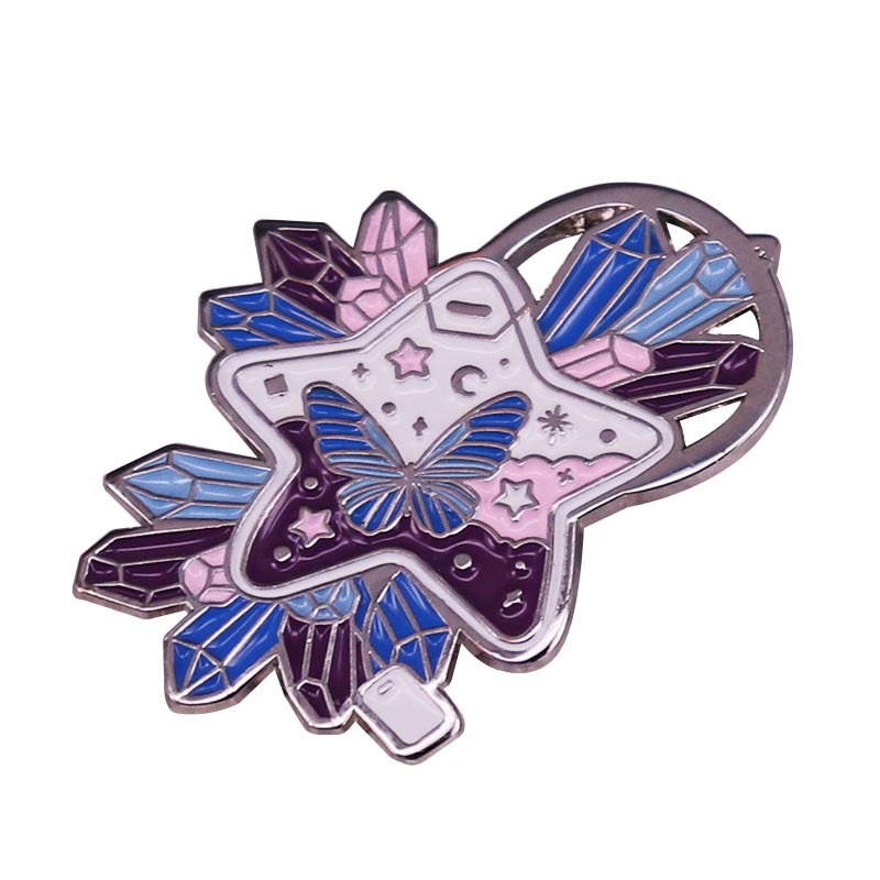 

Beautiful Crystal Cluster Gemstone And Butterfly Enamel Pin, As picture
