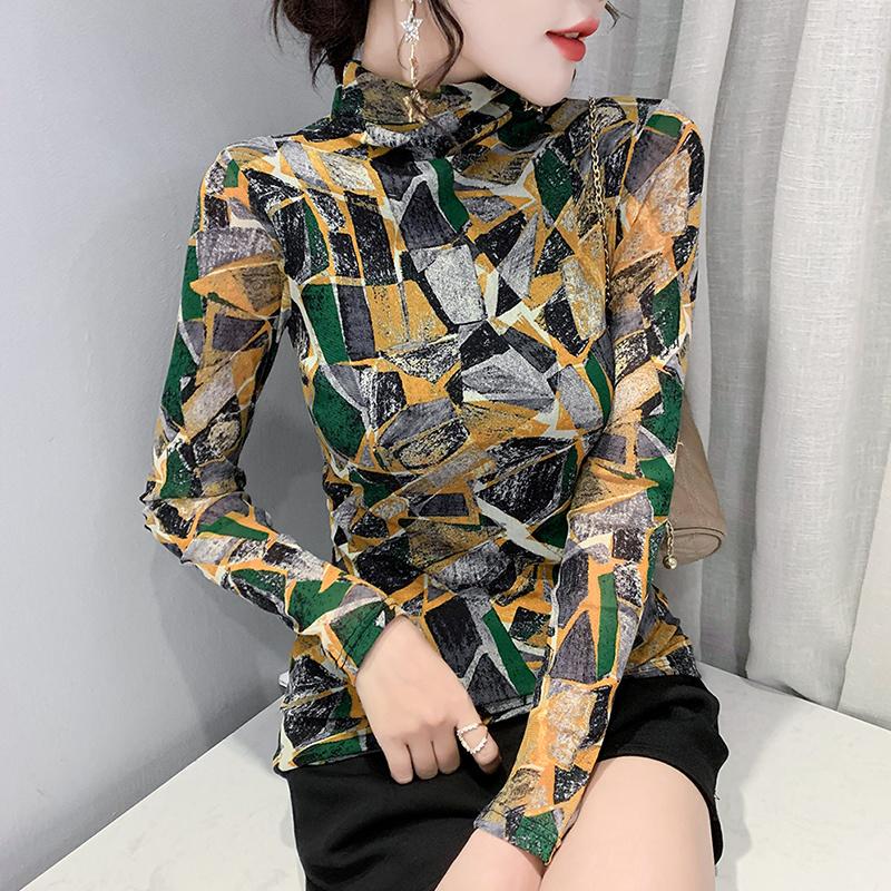 

Women' T-Shirt #8915 Spring Autumn Printed T Shirt Women High Quality Fashion Slim Turtleneck Female Mesh Long Sleeve Womens Tops -4XL, Black