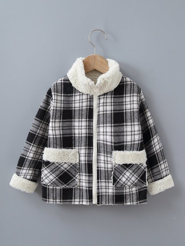 

Toddler Boys Plaid Print Teddy Panel Coat SHE, Black and white