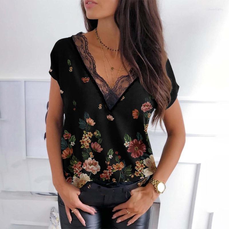 

Women' Blouses & Shirts Harajuku Floral Print Lace Blouse Women Causal Short Sleeve Top Tee Shirt Tops Elegant Streetwear Chee22