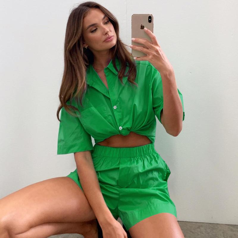 

Women' Tracksuits Casual Suits Women Shorts Activewear Loungewear Two Piece Oversized Long Shirt And High Waist Mini Green Fashion 2022