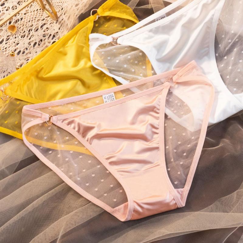 

Women's Panties Japanese Style Brief Polka Dot Mesh Solid Color Glossy Lingerie Cotton Crotch Sexy Transparent Girls UnderwearWomen's, Black