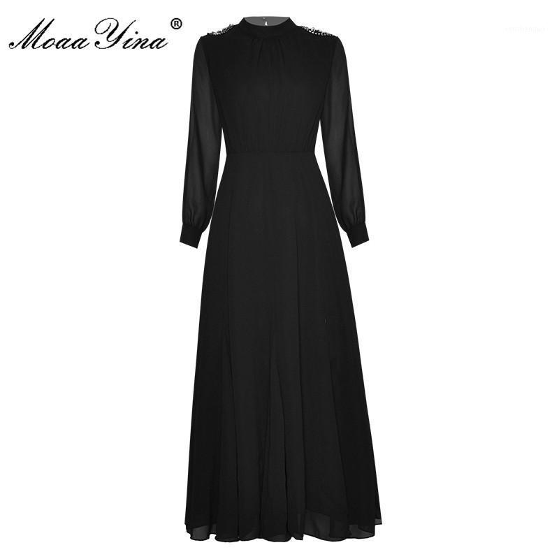 

Casual Dresses MoaaYina Fashion Designer Dress Autumn Women' Crystal Beading Long Sleeve Black Elegant