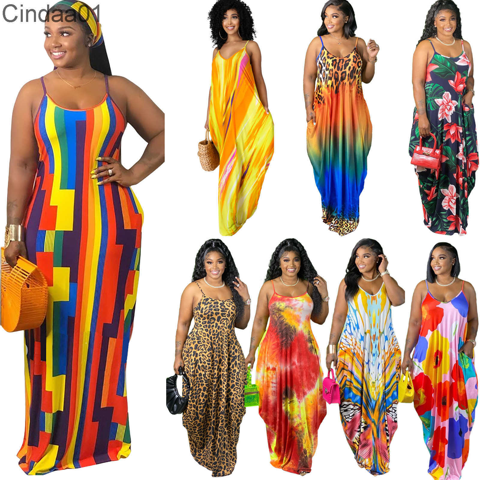 

Summer Maxi Dresses 5XL Women Tie Dyed Colorful Printed Suspender Loose Dress Plus Size Women Clothing With Scarf, Navy blue