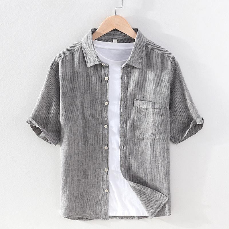 

Men's Short Sleeves Square Collar Linen Shirt Casual Cardigan Stripes Shirts, Gray