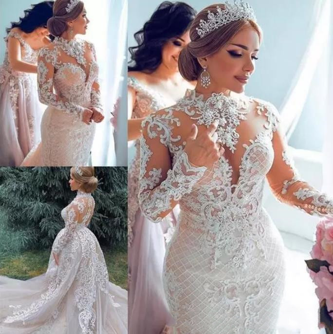 

Arabic Dubai Lace Mermaid Wedding Dresses With Detachable Train High Neck Appliuqe Long Sleeves Plus Size Wedding Bridal Gowns 2022, Red