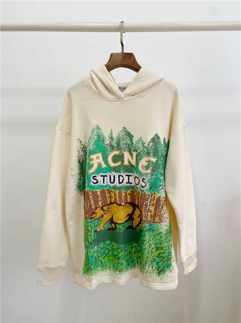 

Men's Hoodies Acne Unisex artist forest print hooded T-shirt, Rice apricot color