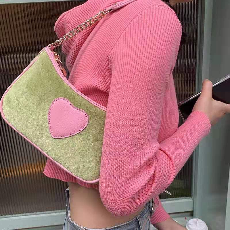 

Evening Bags Y2k Green Underarm Retro Matte Leather Women Small Shoulder Bag Lovely Heart Pattern Female Purses And HandbagsEvening EveniEve