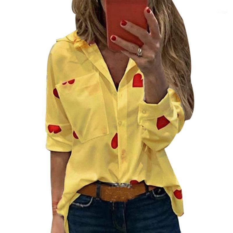 

Women' Blouses & Shirts OEAK Women Heart Printed 2022 Fashion Long Sleeve Slim Turn-down Collar Pocket Blusas Mujer De Moda