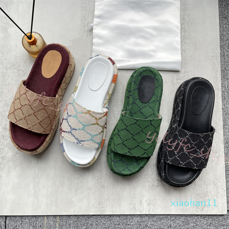 

2022 Womens Fashion Embroidered Canvas Designer Slides slip on Slippers girls 60mm Slipper Canvas covered platform sandals with box and dust, Colour-7