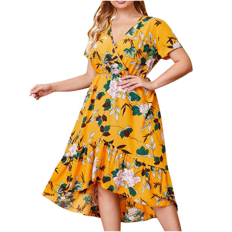 

Plus Size Dresses Plus-size Summer Print V-neck Waist Irregular Swing DressPlus, Navy blue