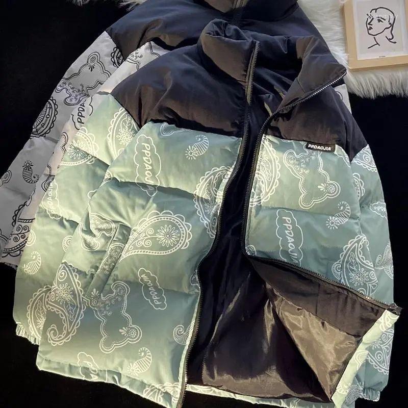 

Men's Down & Parkas Flower Padded Jacket Men Women Winter Trend Stand-up Collar Loose Hong Kong Style Handsome Thick Printed Coat Guin22, Gray