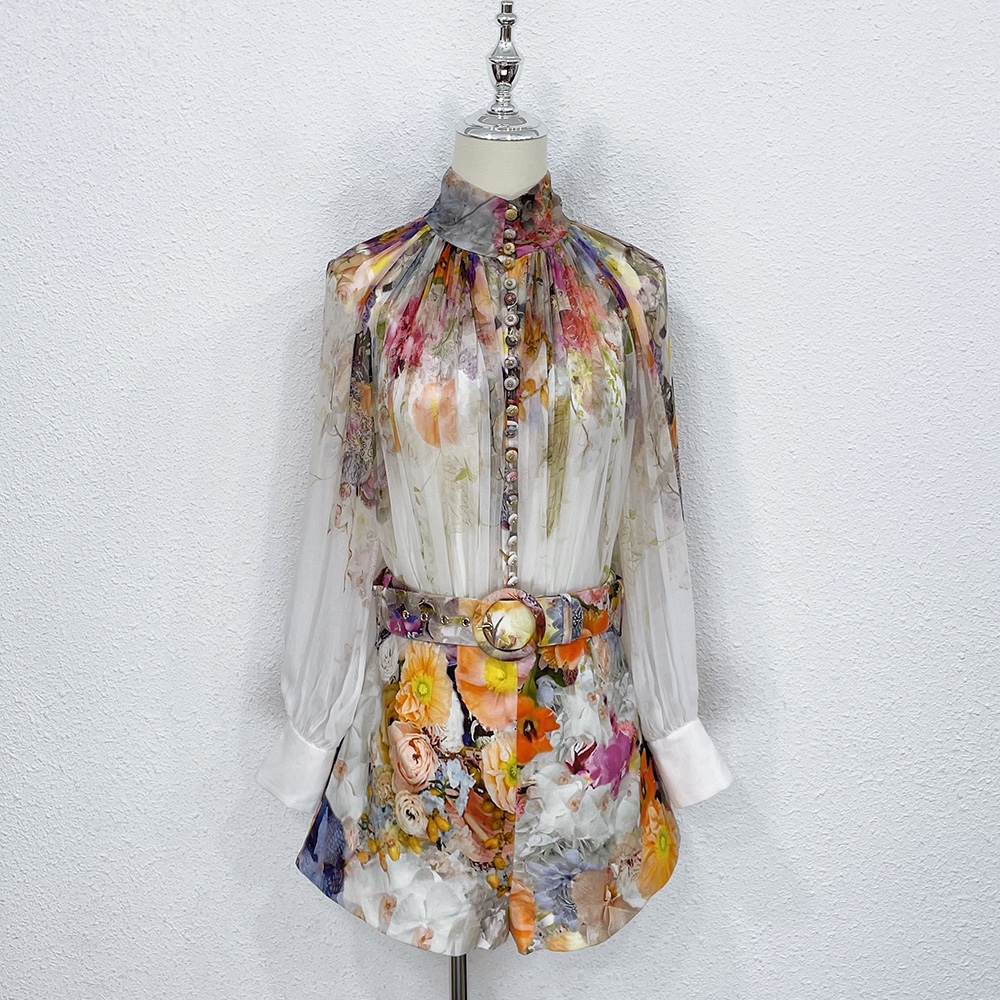 

2022 Australian Zi'm spring and summer new round Dress Printed stand collar top linen short two piece sett, Multi