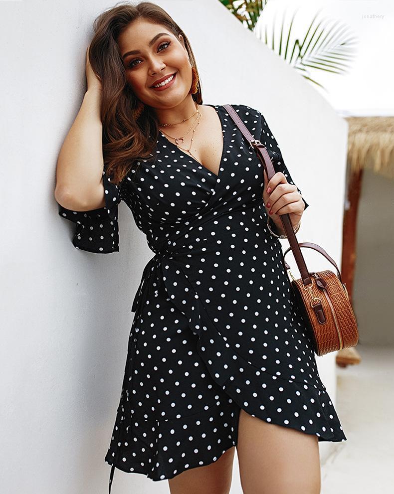 

Plus Size Dresses 2022 Women Sexy Dressess V Neck Short Sleeve Dot Print Loose Chiffon Ladies Casual Large Dress 4 Colors Jona22, Black