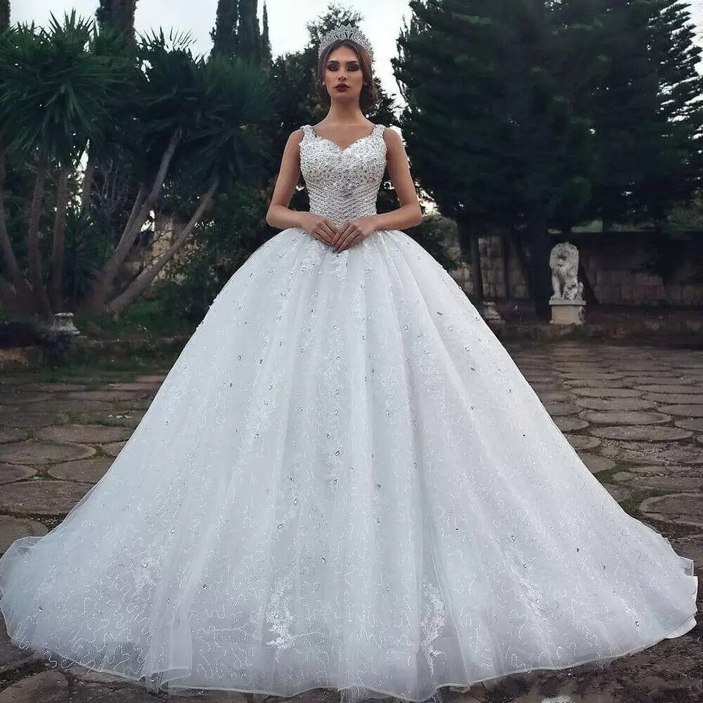 Luxe arabie saoudite longues robes de mariée cristaux Sexy grande taille robe de mariée robe de bal robes de