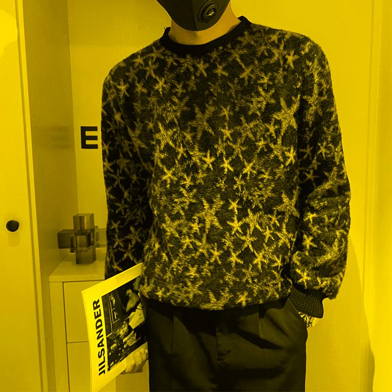 

Men's Sweaters Autumn Winter Star Jacquard Men Sweater Long Sleeve Casual Plus Velvet Thickened Knitted Pullovers Social Street SweaterMen's, Black