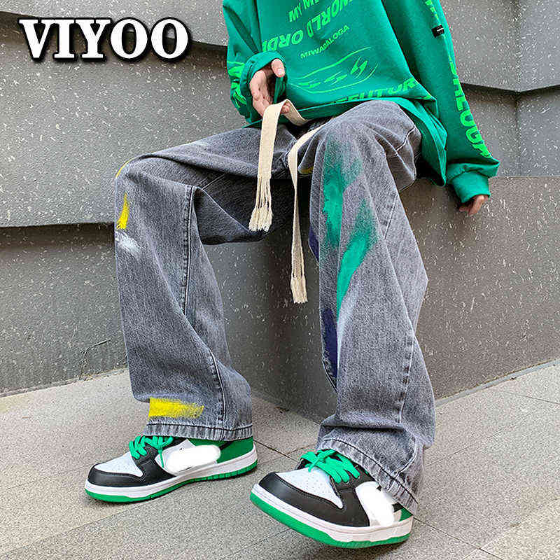 

Men Summer New Casual Printed Jeans Y2K Clothes Loose Straight Male Denim Pants Hip Hop High Street Mopping Trousers For Men T220803, Black