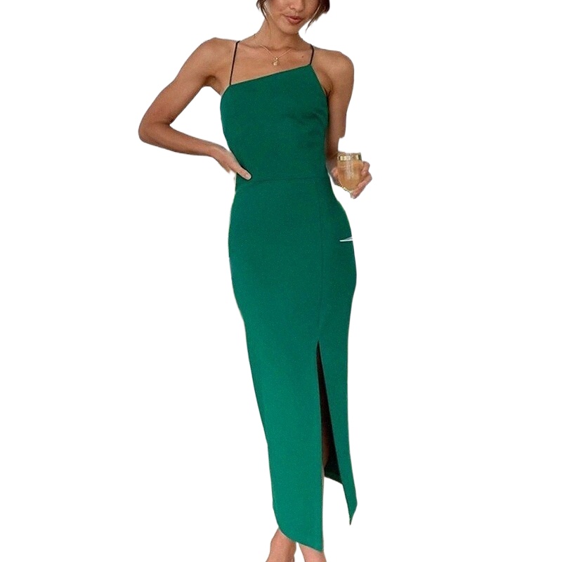 women&#039;s Bodycon Midi Dress Green Blue Black Sleeveless Pure Color Backless Split Spring Summer Spaghetti Strap Elegant Formal Vacation 2022-image-761439551