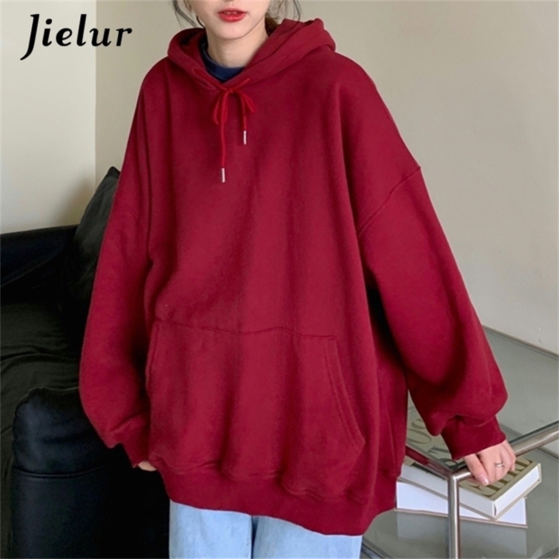 

Jielur Simple Loose Hooded Hoodies Women Allmatch Warm Sweatshirts Female Pocket White Classic Sweatshirt Solid Color Pullovers 220811